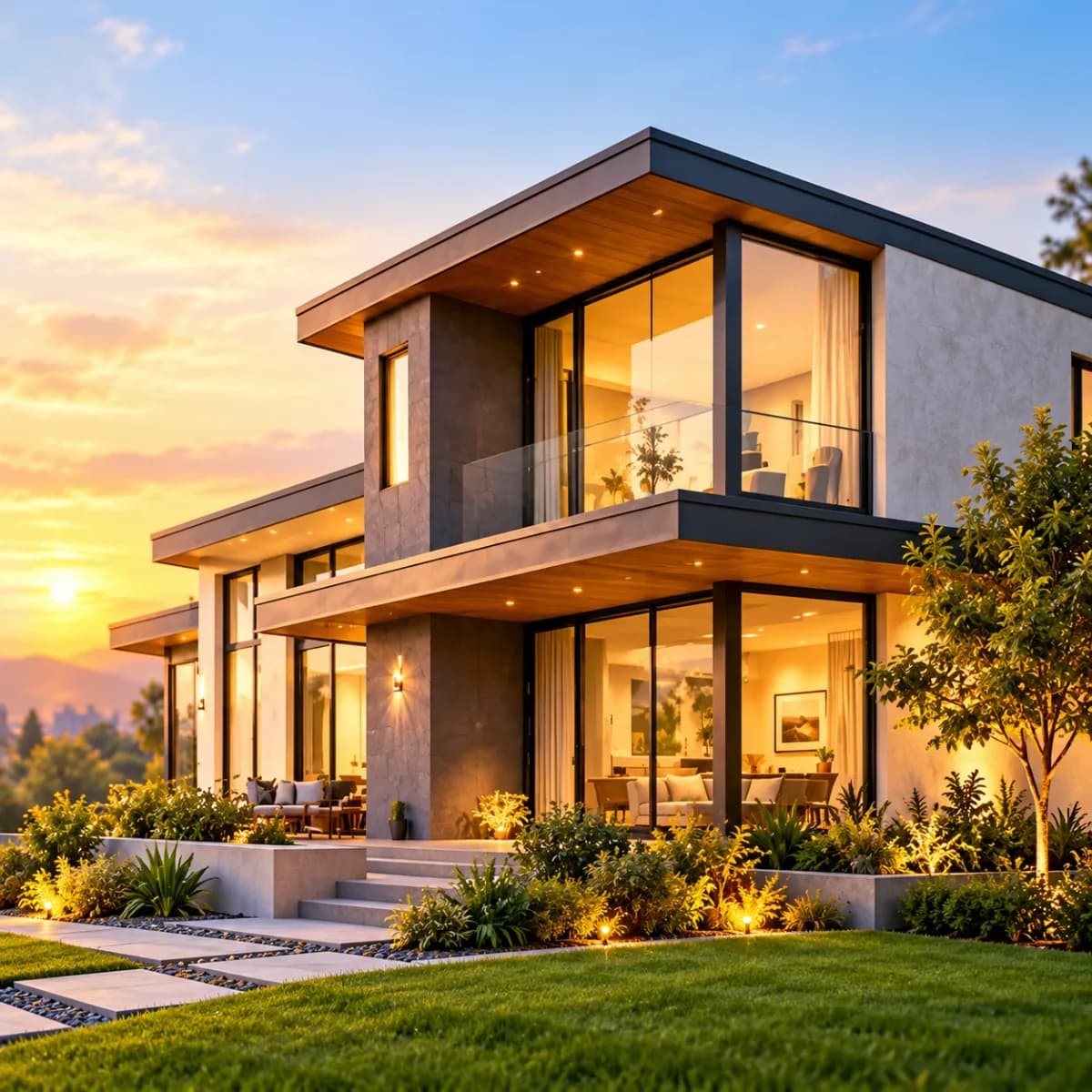 A modern two-storey home with large glass windows at sunset